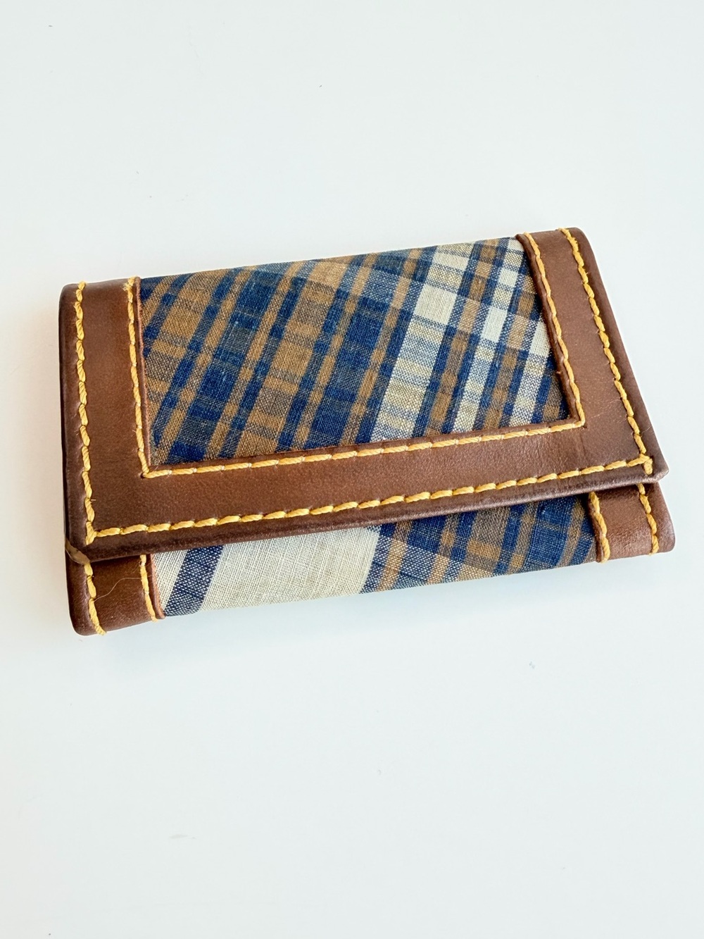 Canterbury Vintage 1980s Navy Plaid Key Holder Brown Leather Yellow Stitch Prepp